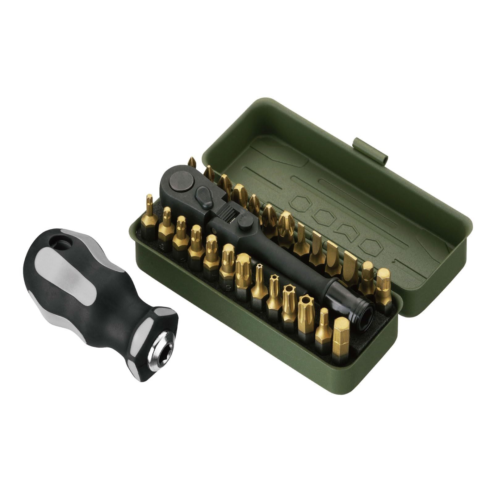 KESI TOOL トルクス ビットセット 29点 ラチェットセット 2-in-1 差込角6.35mm (1/4インチ) 首振り ロック機構 特許ビット S2鋼 マグネットホルダー スタビー 多機能 金属ケース 整備工具送料無料 90342e68