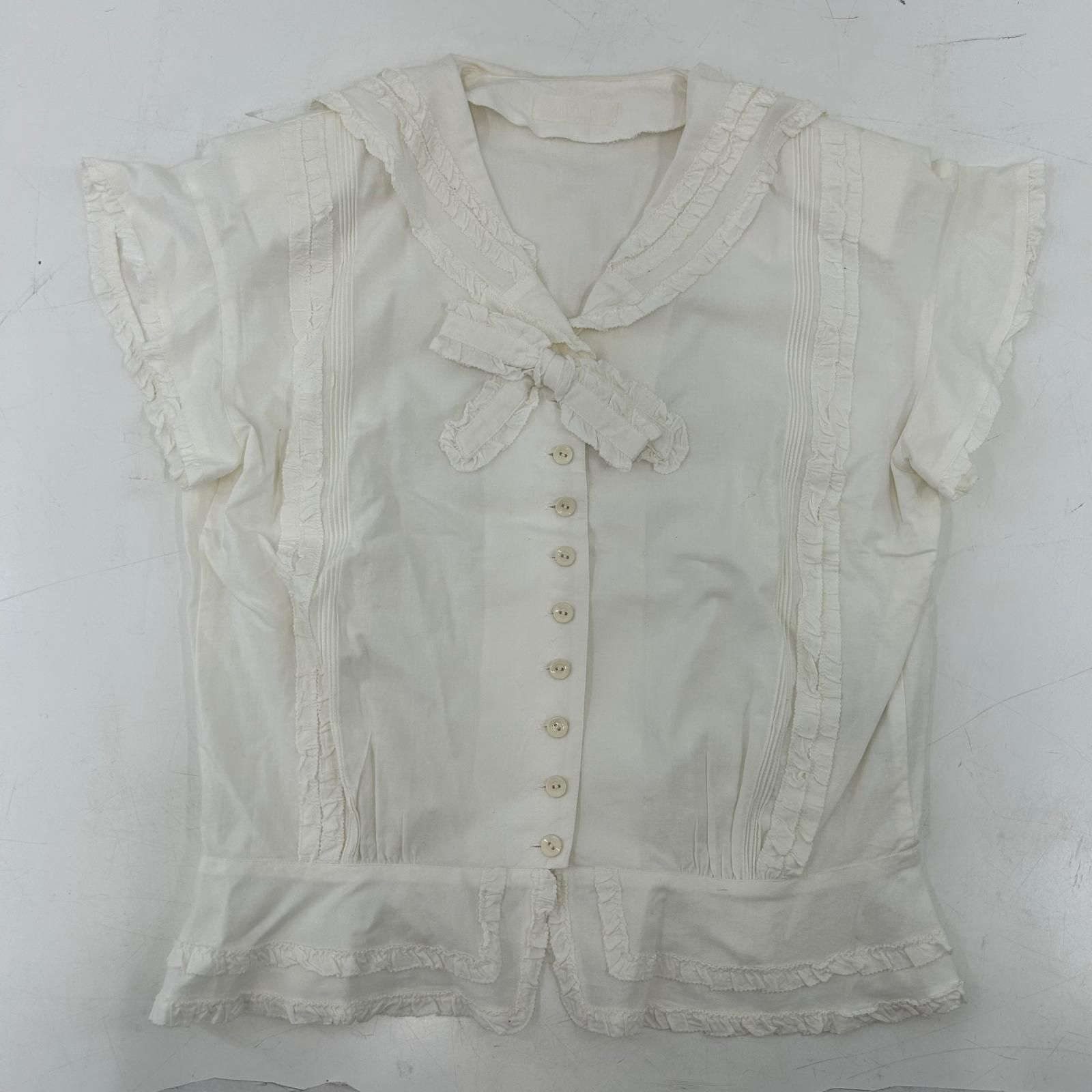 △ ピンクハウス PINK HOUSE 半袖 ブラウス レディース M ホワイト P0122FB19 セーラーカラー ピコフリル ピンタック リボン 古着