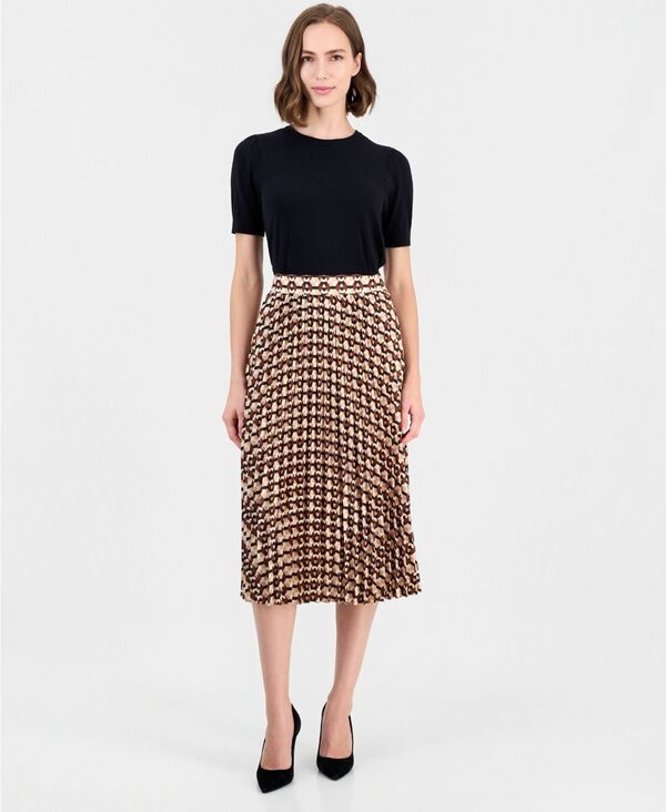 ティー・タハリ レディース ボトムスカート A ライン プリーツ ミディ Tahari Womens Pleated ALine Midi Skirt Mosaic Tile Clay Brown C