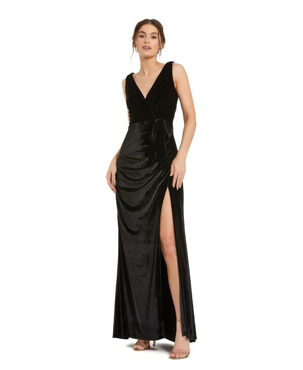 マックダガル レディース トップス ワンピース ドレープ ベルベット Mac Duggal Womens Deep V High Slit Draped Velvet Fitted Gown Blac