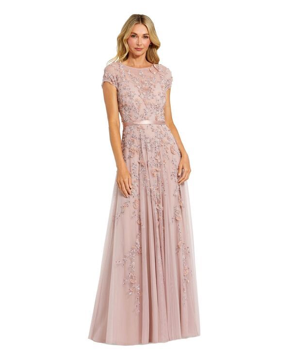マックダガル レディース トップス ワンピース フラワー柄 メッシュ フラワー Mac Duggal Womens Floral Embellished Short Sleeve Mesh Gown