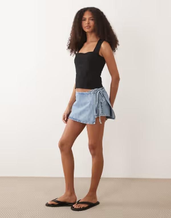 マンゴ レディース ボトムス ハーフパンツ・ショーツ ミニ Tシャツ コットン デニム Mango Teen 100 cotton denimini skort in mid BLUE ブルー