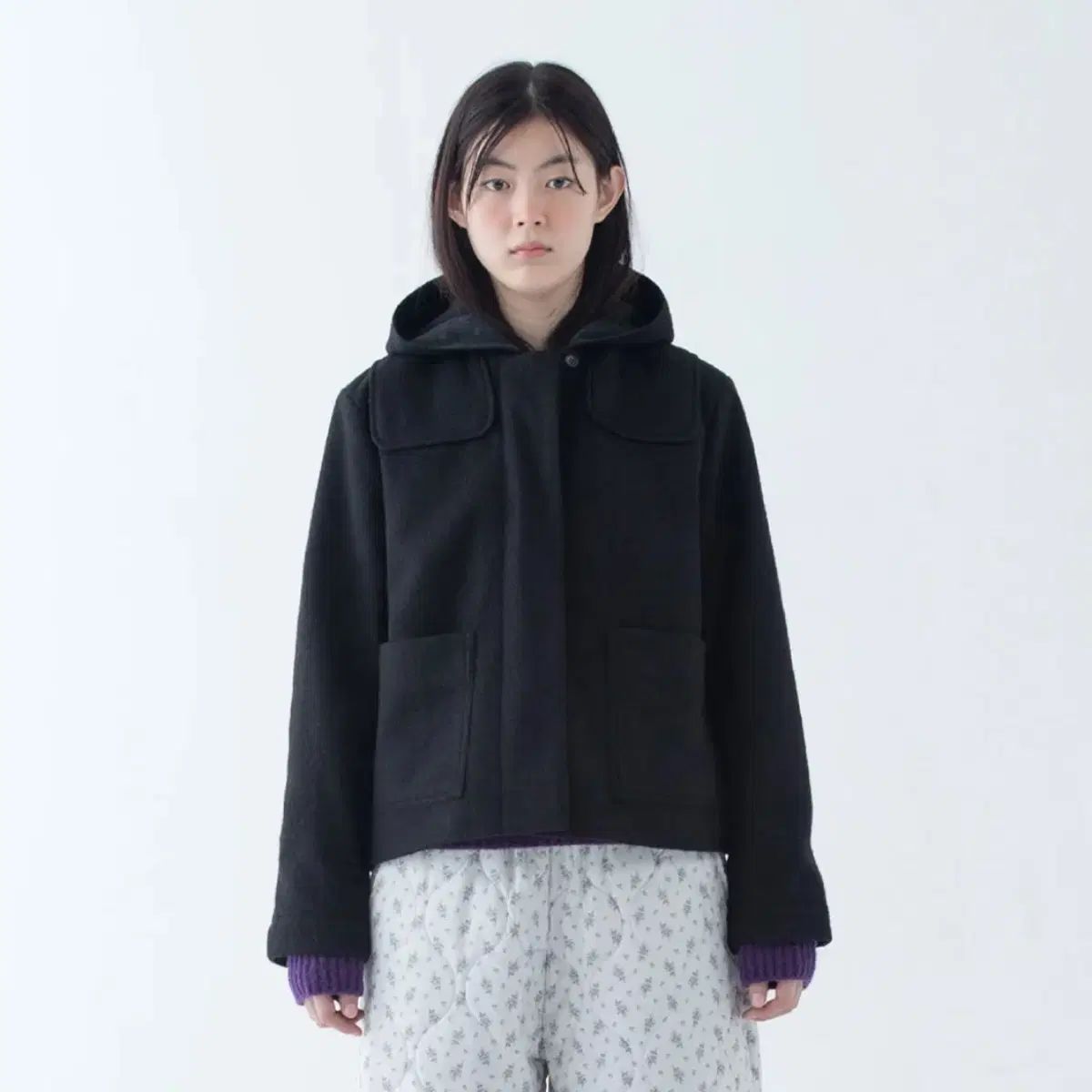 オーヘシオ フーディー ハーフ コート ブラック HOODED HALF COAT