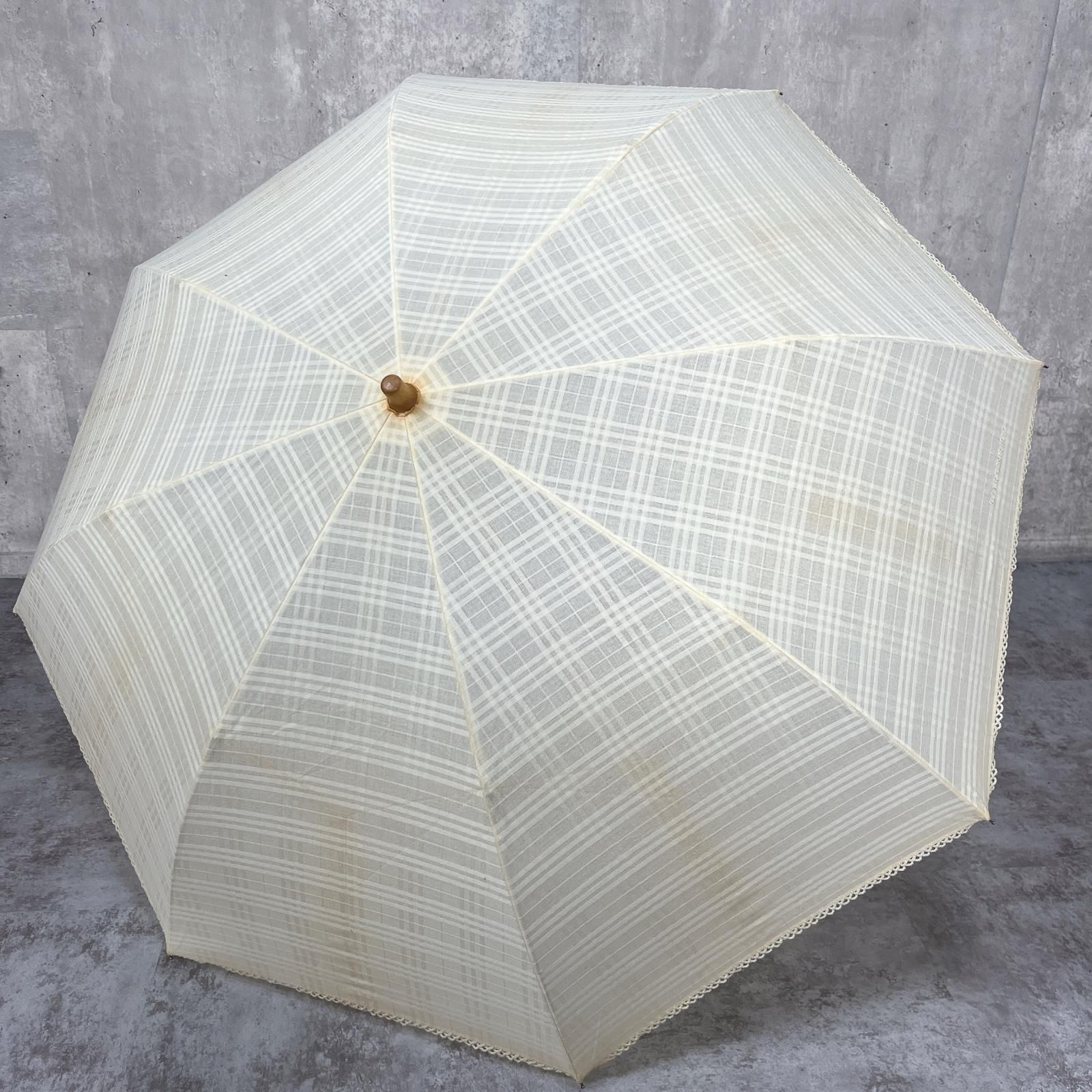 【Burberry】バーバリー 折りたたみ傘 レディース イエロー クリーム系 チェック柄 レース縁取り ヴィンテージ 雨傘 コンパクト ブランド小物