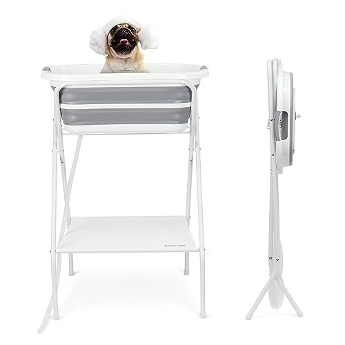 BEBEROAD PETS 犬 バスタブ ペット用バスタブ 折りたたみ スタンド付き 猫犬浴槽 猫犬お風呂用 折りたたみたらい 持ち運び 内外に適用 多機能 排水プラグが付く 耐荷重(約) 28KG (グレー, 高いタイプ)送料無料 f46e1141