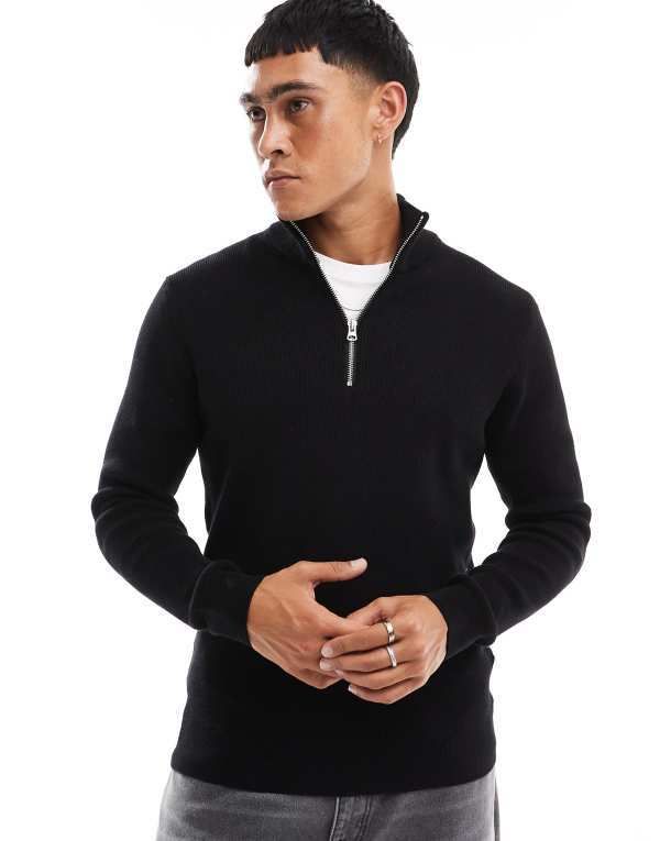 オンリーアンドサンズ メンズ アウター ニット・セーター ハーフジップ リブ セーター ONLY SONS ribbed half zip sweater Black ブラック 27,480円