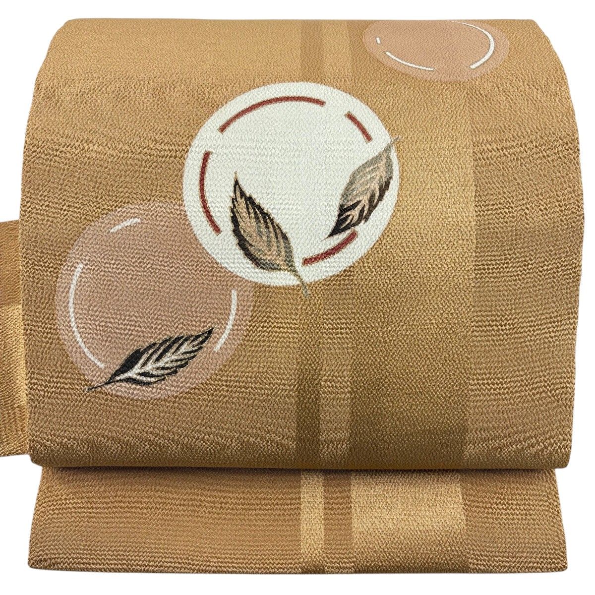 【美品】 名古屋帯 秀品 葉柄 丸文 金彩 縮緬 薄茶色 正絹 【中古】