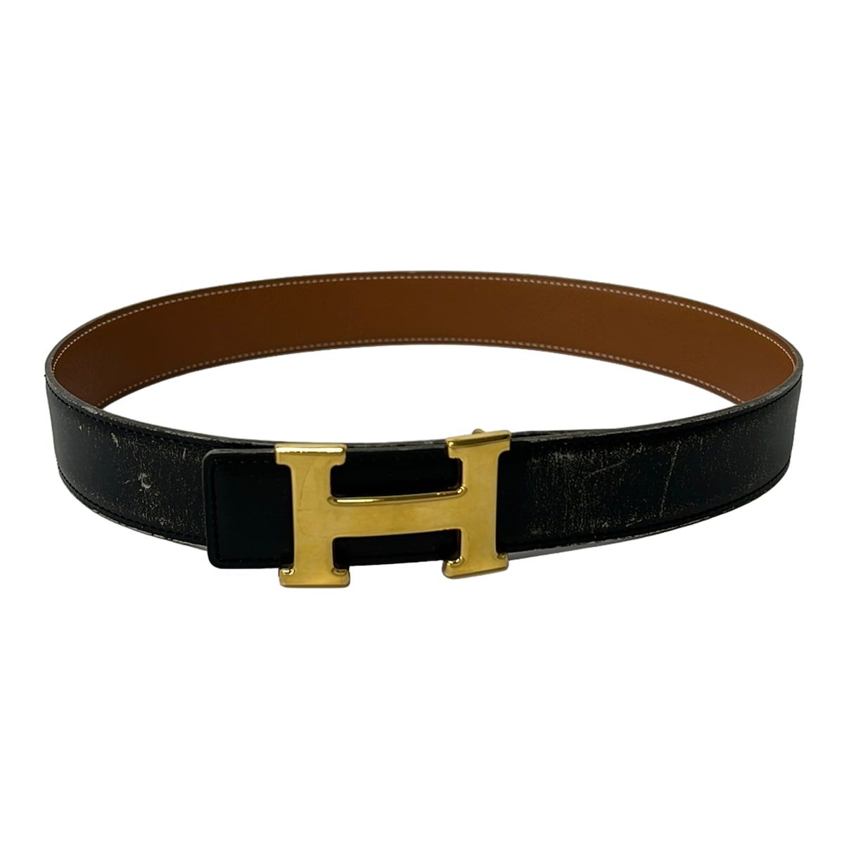 HERMES(エルメス) ベルト 65 Hベルト 黒×ゴールド リバーシブル/ゴールド金具 レザー