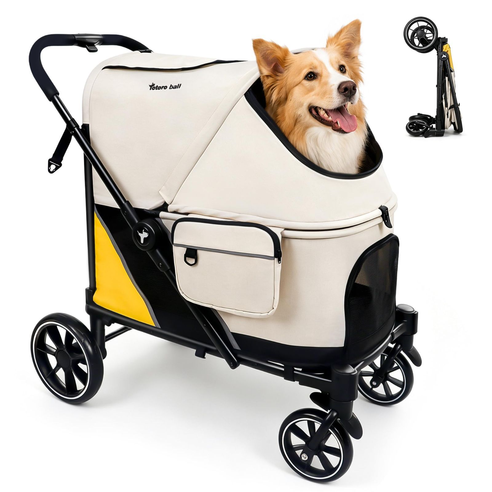 耐荷重30kg 大型・中型・多頭犬飼い向け 軽量 多頭 ワンタッチ折りたたみ 大口径タイヤ 大型犬バギー サスペンション付き 犬カート 自立可能 組み立て簡単 中型犬 コンパクト 老犬介護 ペットカート 乗り降りラクラク ball お出かけ・散歩・キャンプ Y