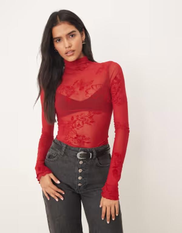 フリーピープル レディース トップス シャツ ハイネック メッシュ Free People filigree high neck long sleeve mesh top in deep cherry