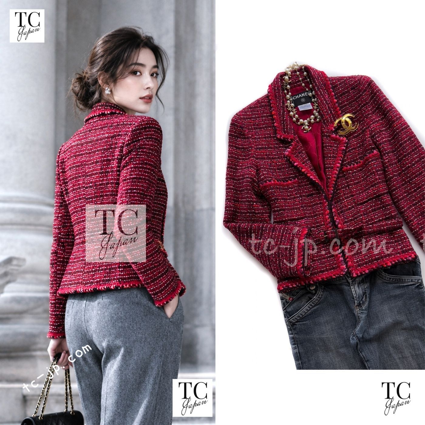 シャネル ジャケット CHANEL ヴィンテージ レッド ピンク ウール ツイード カール・ラガーフェルド 47万 貴重 超美品 34 36