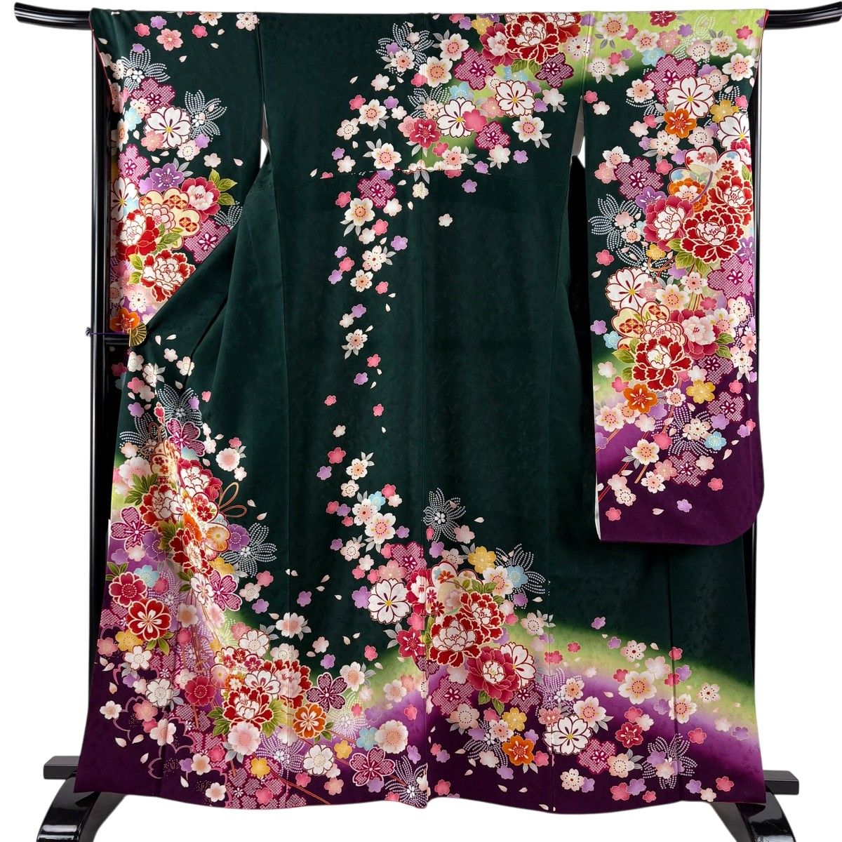 美品】 振袖 身丈163cm 裄丈67.5cm L 袷 牡丹 桜 金糸 染め分け 深緑