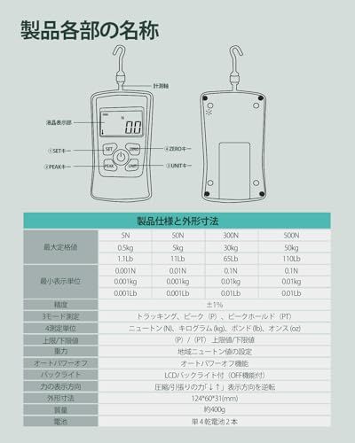 GOYOJO デジタルフォースゲージ 引張荷重・圧縮荷重測定 プッシュプルゲージ 3モード・4単位 (N, kg, lb, oz) 高精度±1% 上下限値、重?加速度、バックライト、オートパワーオフ 試験 消防 建築 軽工業など(0.1-300N.m)t