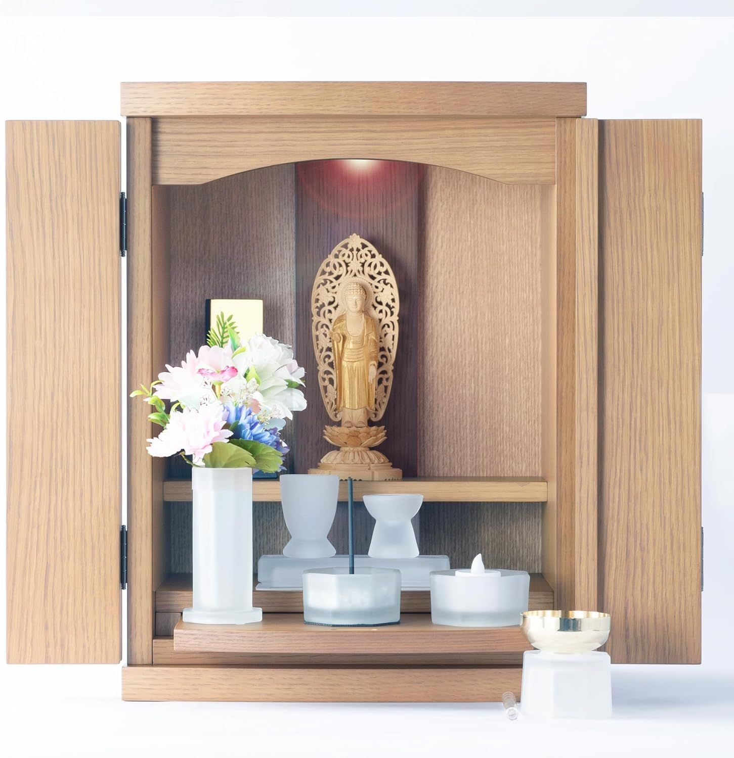 【新品】【仏具セット】【高級楢材（ナラ）使用 純正】ライトブラウン 高さ 47.5cm × 幅 35.4cm × 奥行 27.0cm【創業65年 完全オリジナル仏壇】【取り扱い説明書付】現代仏壇 ミニ仏壇 モダン仏壇 家具調仏壇 全てのご宗派対応 コンパクト