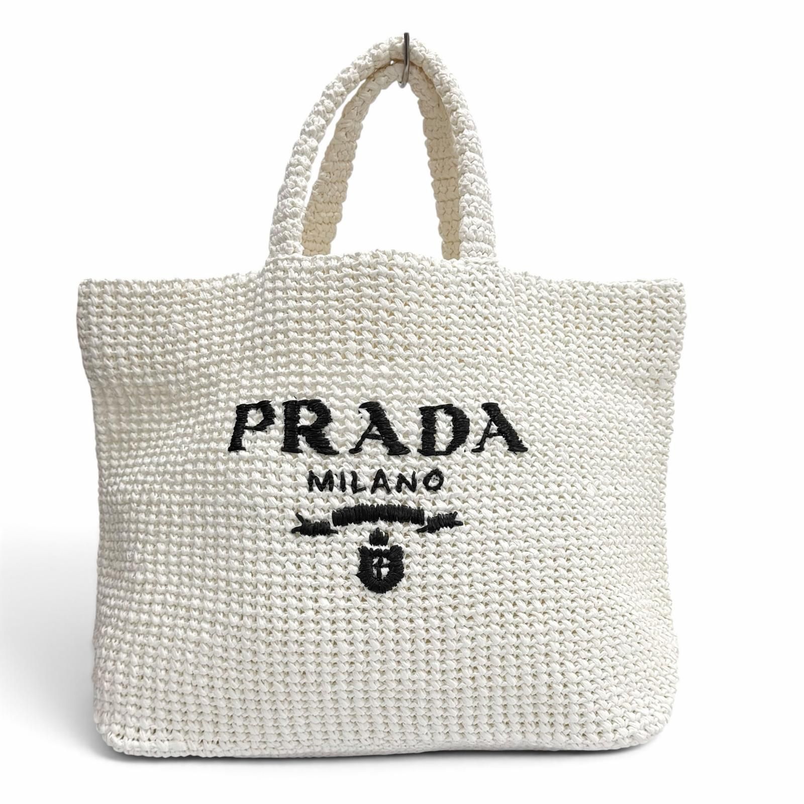 未使用品★PRADA プラダ 1BG392 クロシェ トートバッグ トライアングルロゴ ロゴデザイン クロシェ編み ホワイト イタリア製 保存袋付き 207,000円