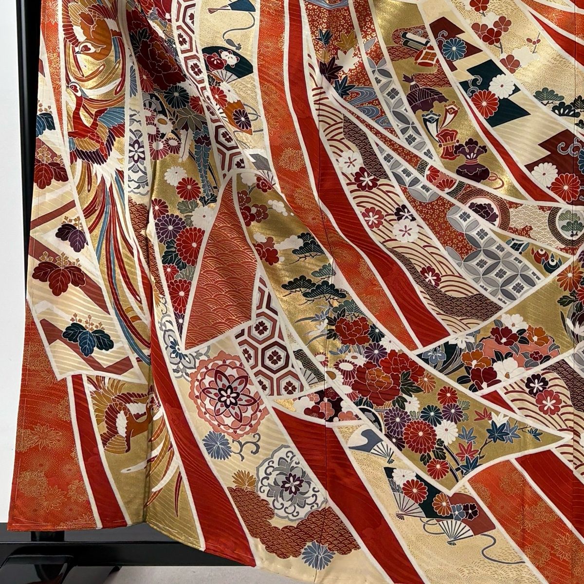 振袖 身丈162.5cm 裄丈64.5cm M 袷 束ね熨斗 花鳥 金彩 朱色 正絹 優品