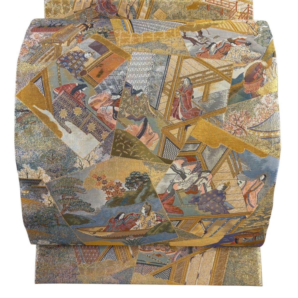 丸帯 名品 平安雅祭礼図 箔 金糸 金色 お太鼓柄 正絹 【中古】