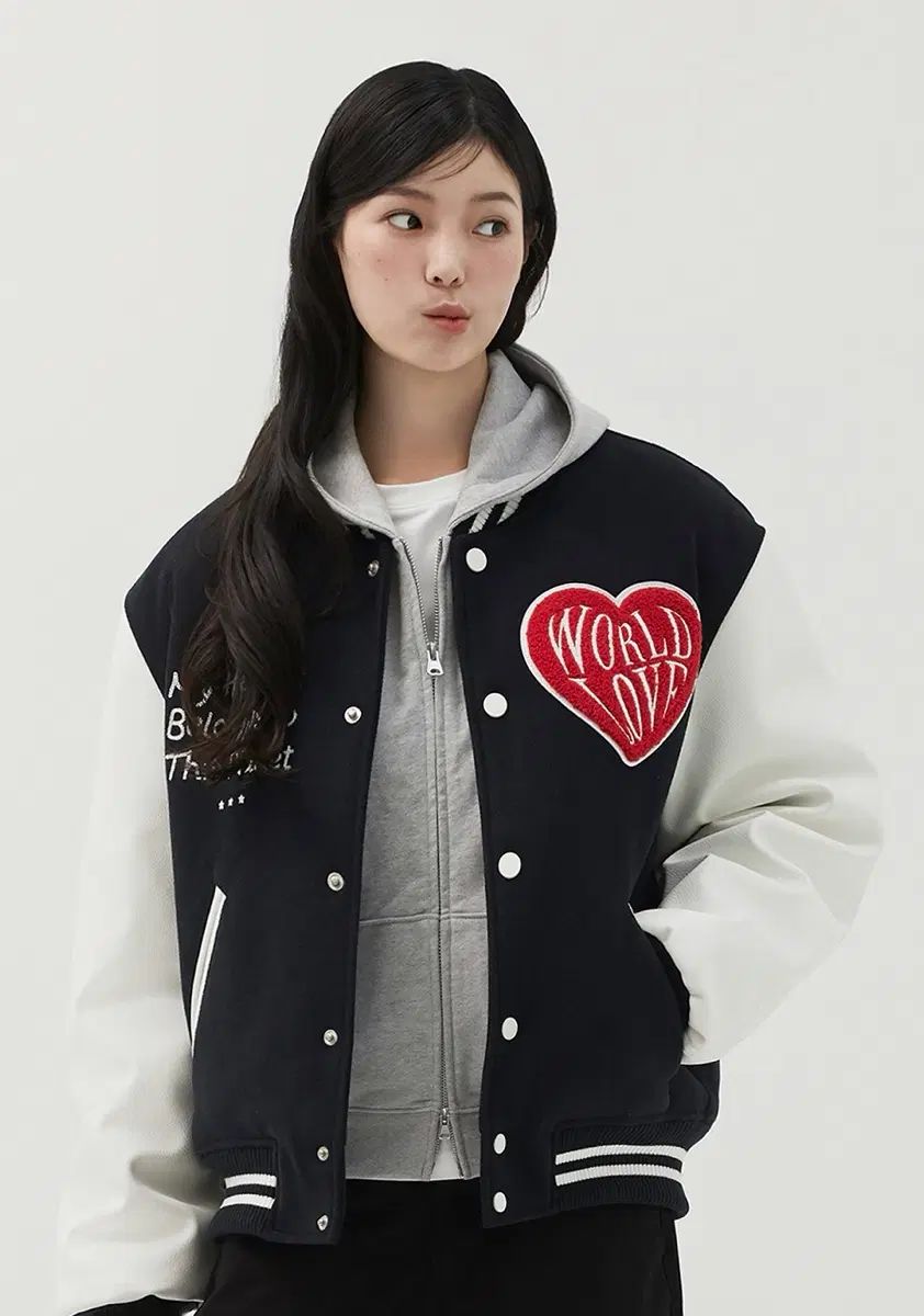 ミムザワードローブ WORLD LOVE BIG HEART スタジャン ジャケット ネイビー M