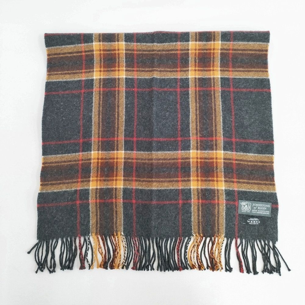 JOHNSTONS OF ELGIN/UNITED ARROWS カシミヤ チェック フリンジ マフラー グレー オレンジ レディース ジョンストンズオブ エルガン/ユナイテッドアローズ【中古】6-0911T◎