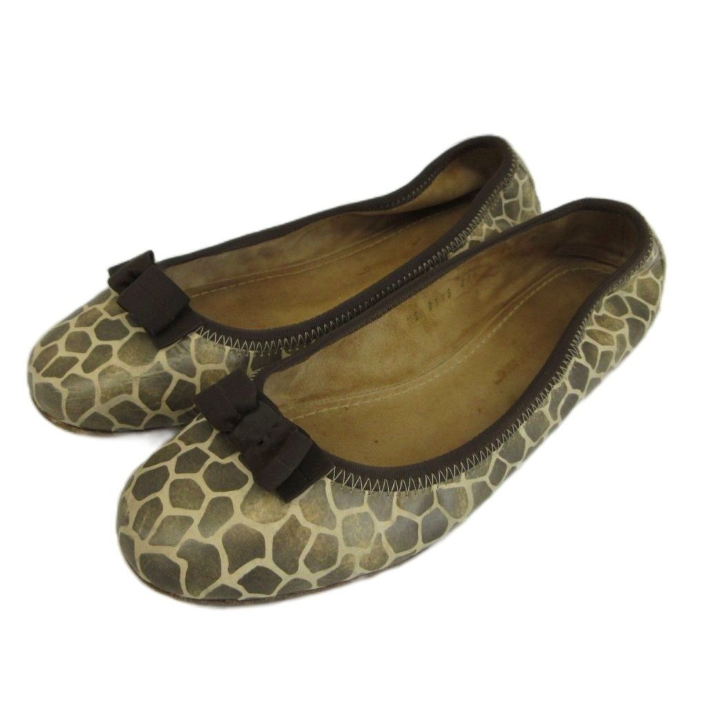 サルヴァトーレフェラガモ Salvatore Ferragamo ヴァラ リボン バレエシューズ フラットパンプス レザー キリン ジラフ柄 7.5 25㎝ 茶色 ブラウン /XZ ■GY50