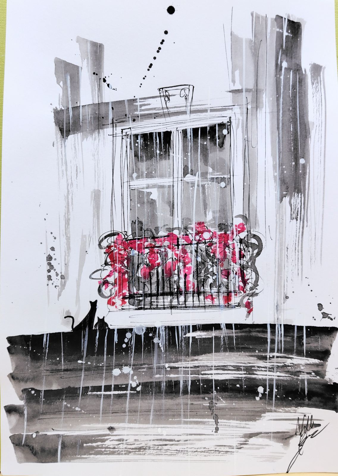 原画#640 雨 黒猫 パリ フランス 水彩画 ドローイング インテリア
