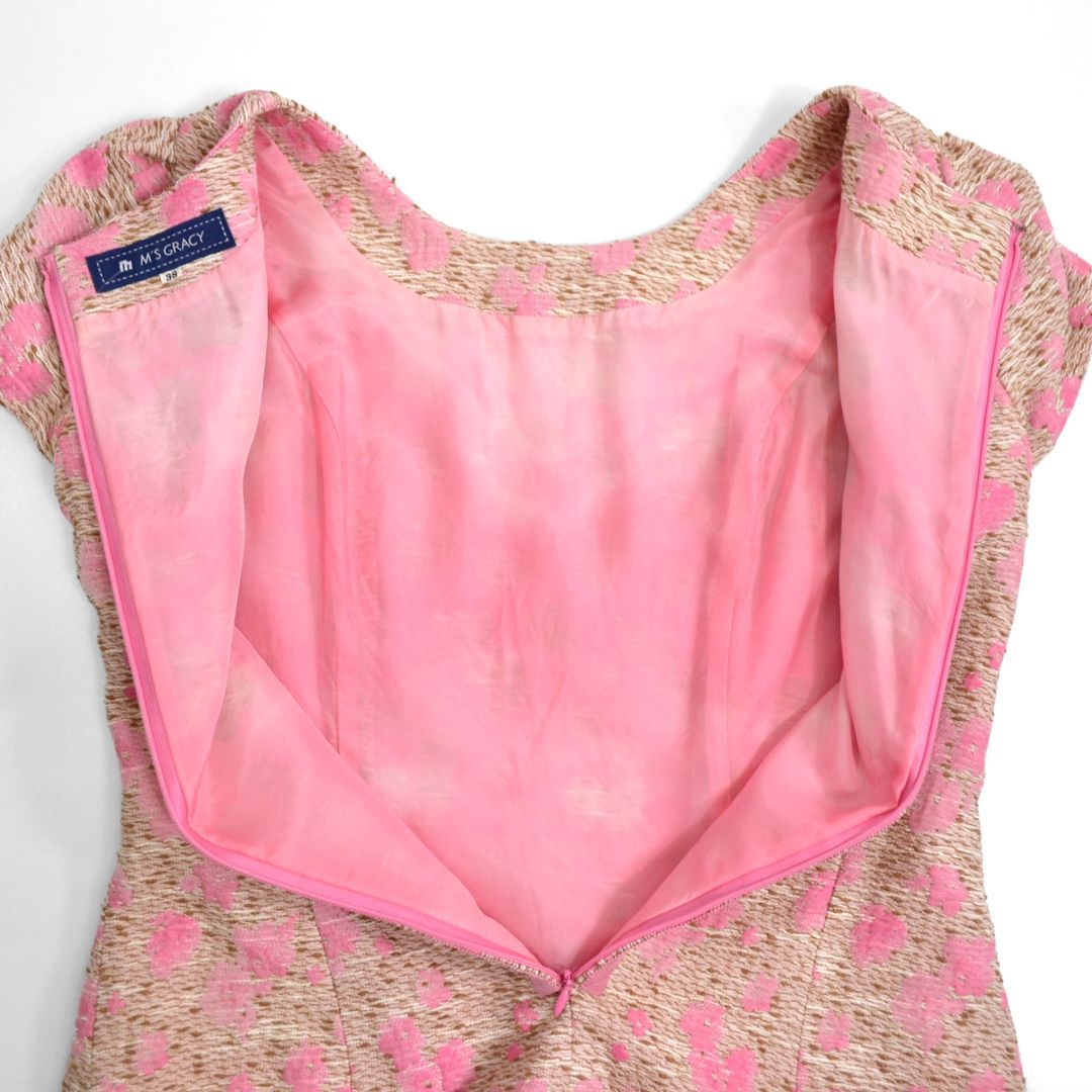 M'S GRACY♡リボンパターンワンピース　ジャガード　半袖　フレア　38 M'S GRACYエムズグレイシー バックリボン フラワージャガード 半袖
