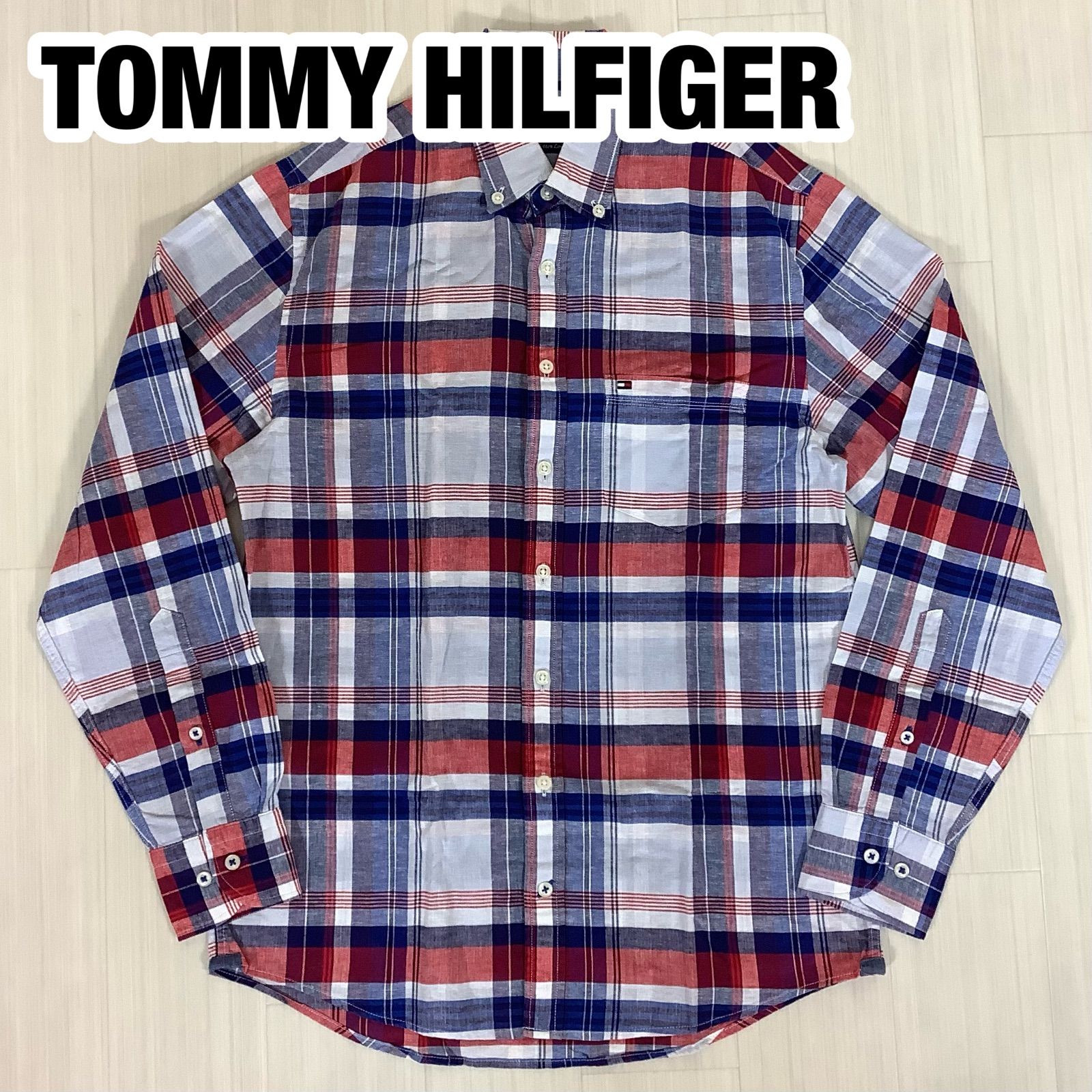 【美品】【麻 リネン混コットン】TOMMY HILFIGER トミーヒルフィガー トリコロールチェック 刺繍ロゴ ボタンダウンシャツ サイズS 着丈73cm 肩幅42cm 身幅(脇下)50.5cm 袖丈60.5cm【古着】