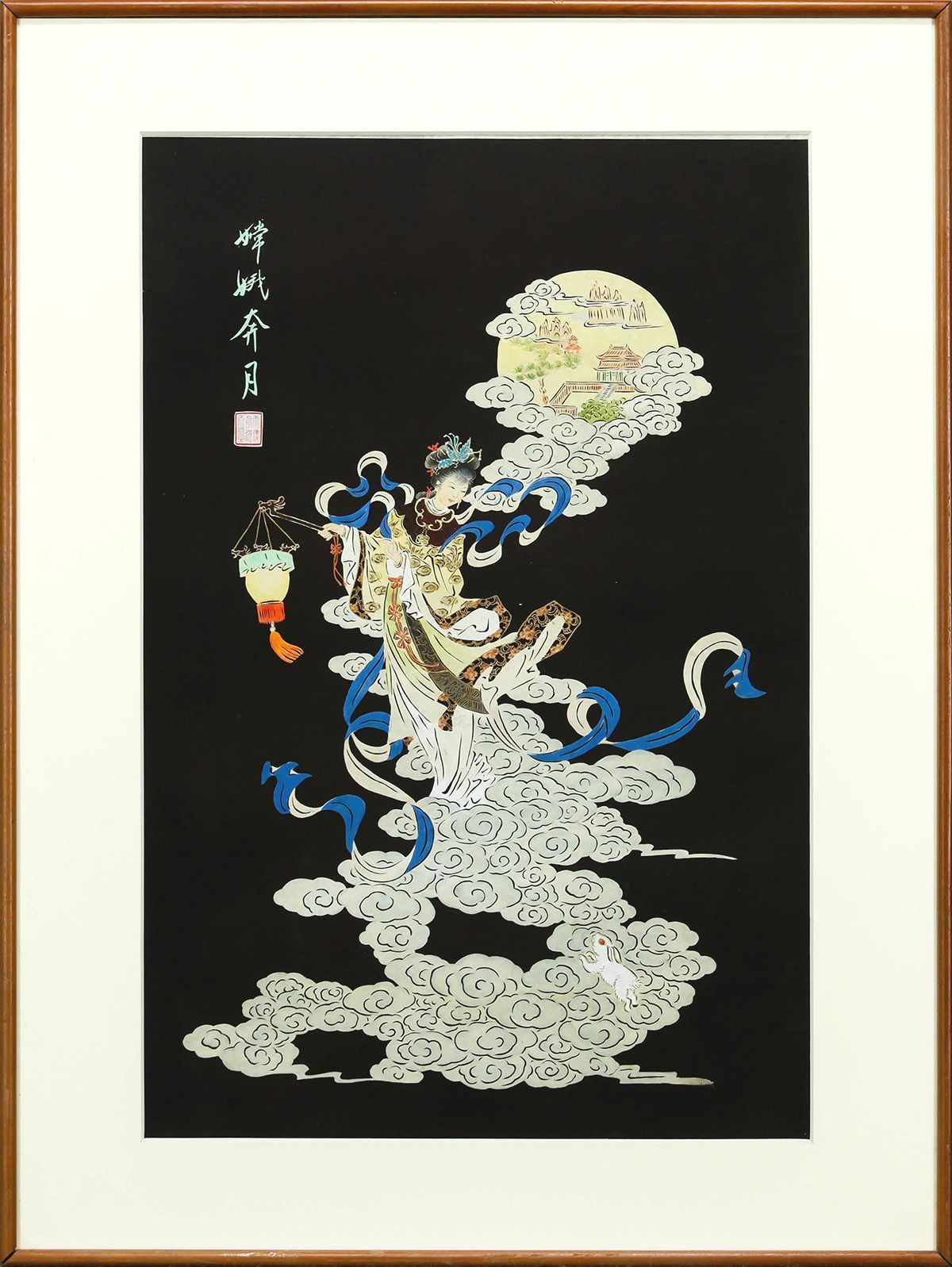 WISH】印章有「嫦娥奔月」中国画 約12号 大作 雲に乗る嫦娥が月へ