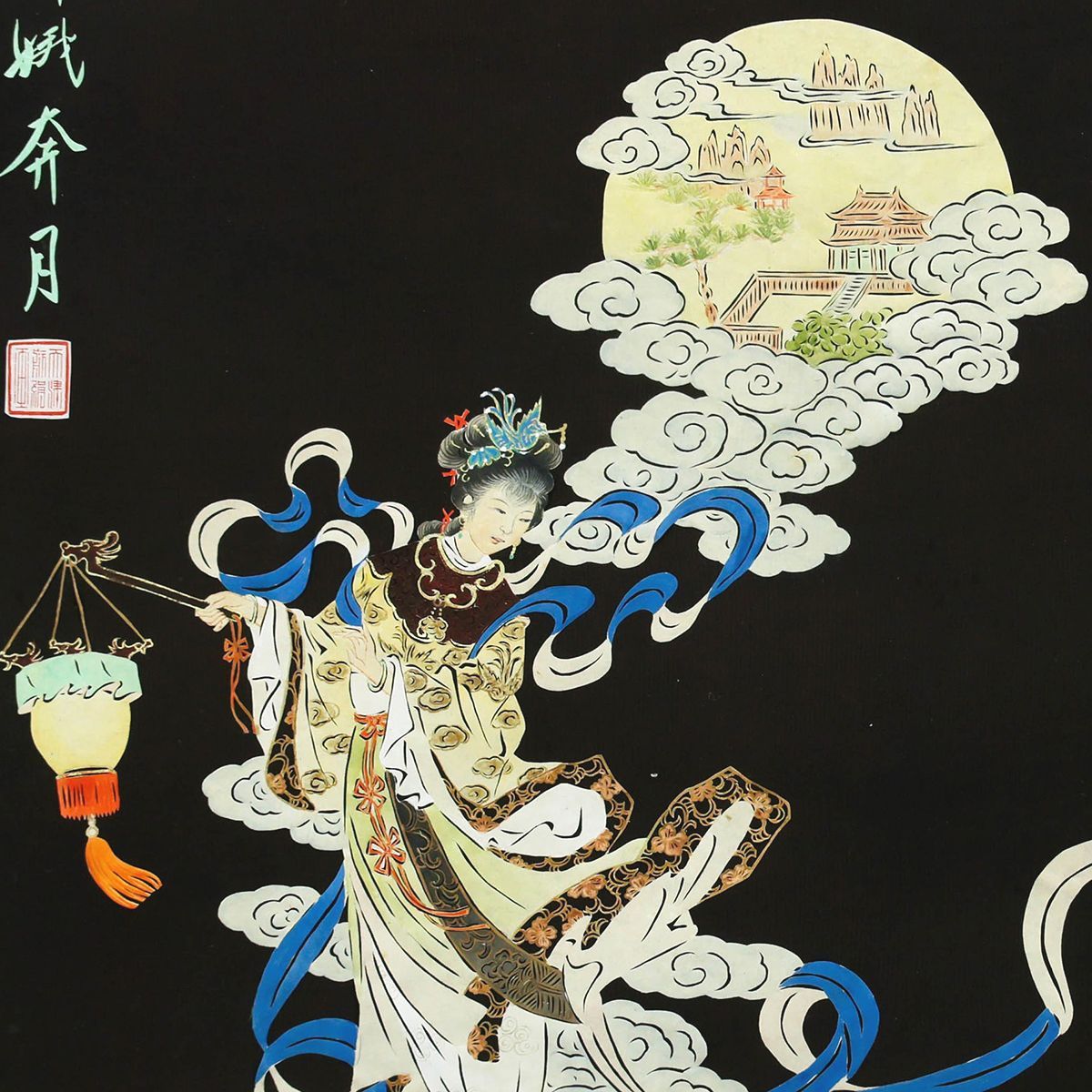 WISH】印章有「嫦娥奔月」中国画 約12号 大作 雲に乗る嫦娥が月へ