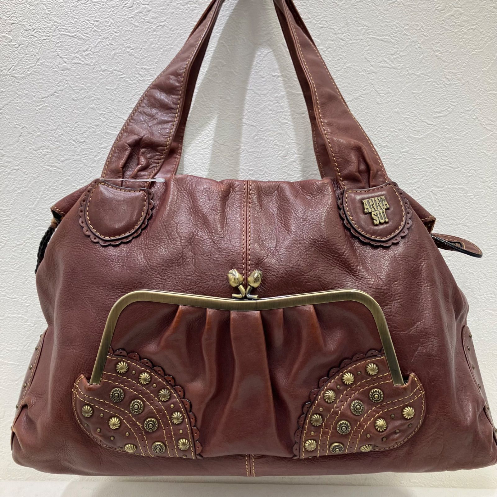 Y9196 ANNA SUI アナスイ トートバッグ ローズガーデン レザー 赤茶系