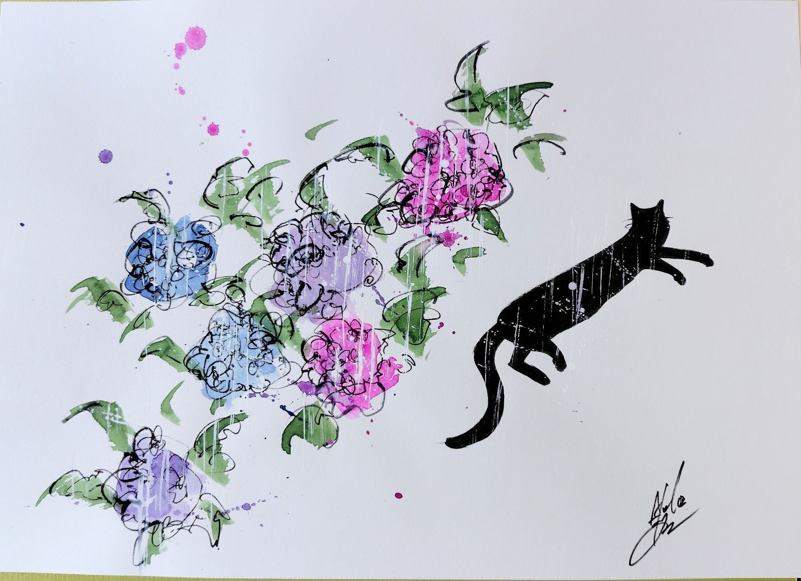 原画#642 黒猫 猫 花 紫陽花 雨 水彩画 ドローイング インテリア