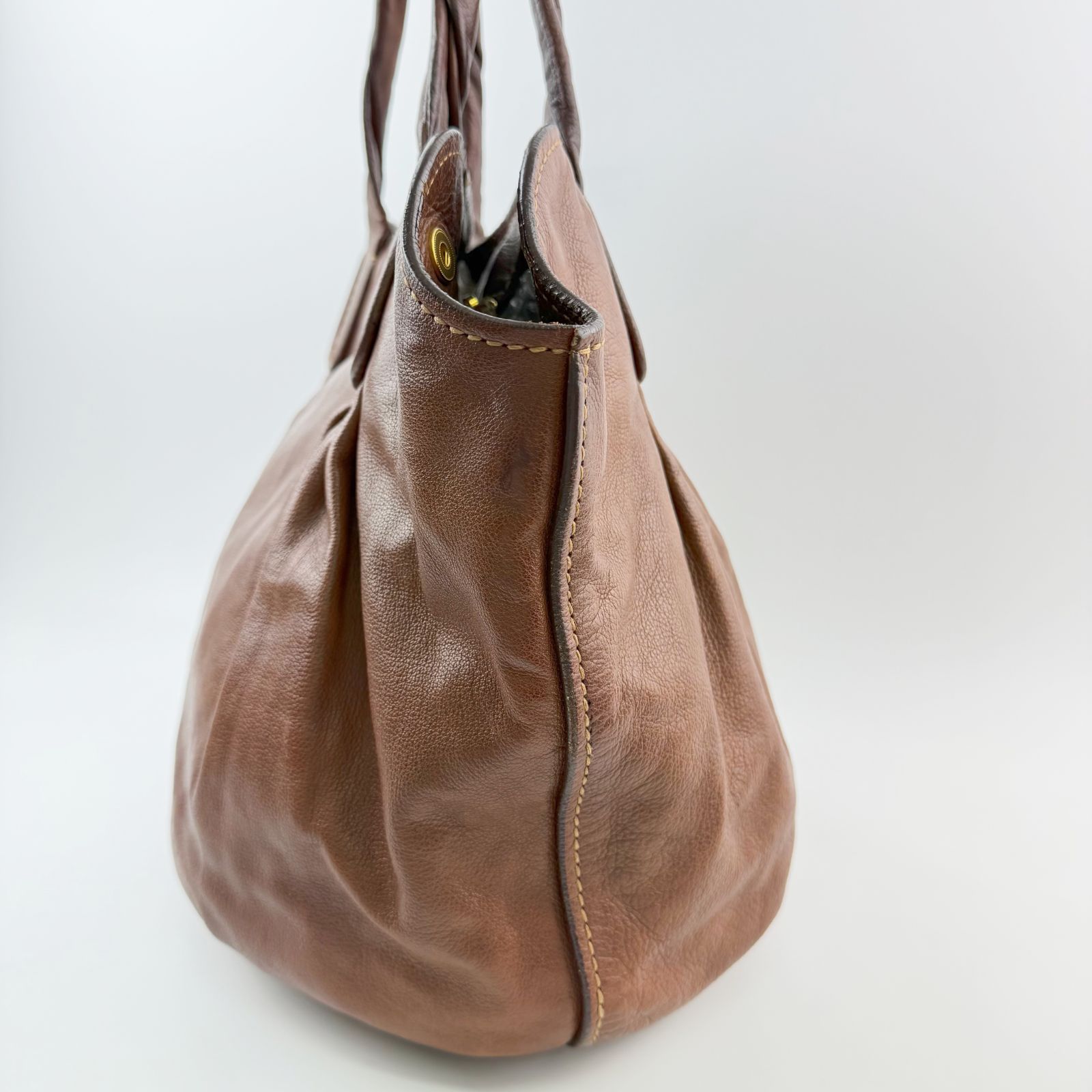 miu miu ギャザー ハンドバッグ ブラウン 中古】MIU MIU ミュウミュウ ツイストハンドル ギャザー ロゴ トート