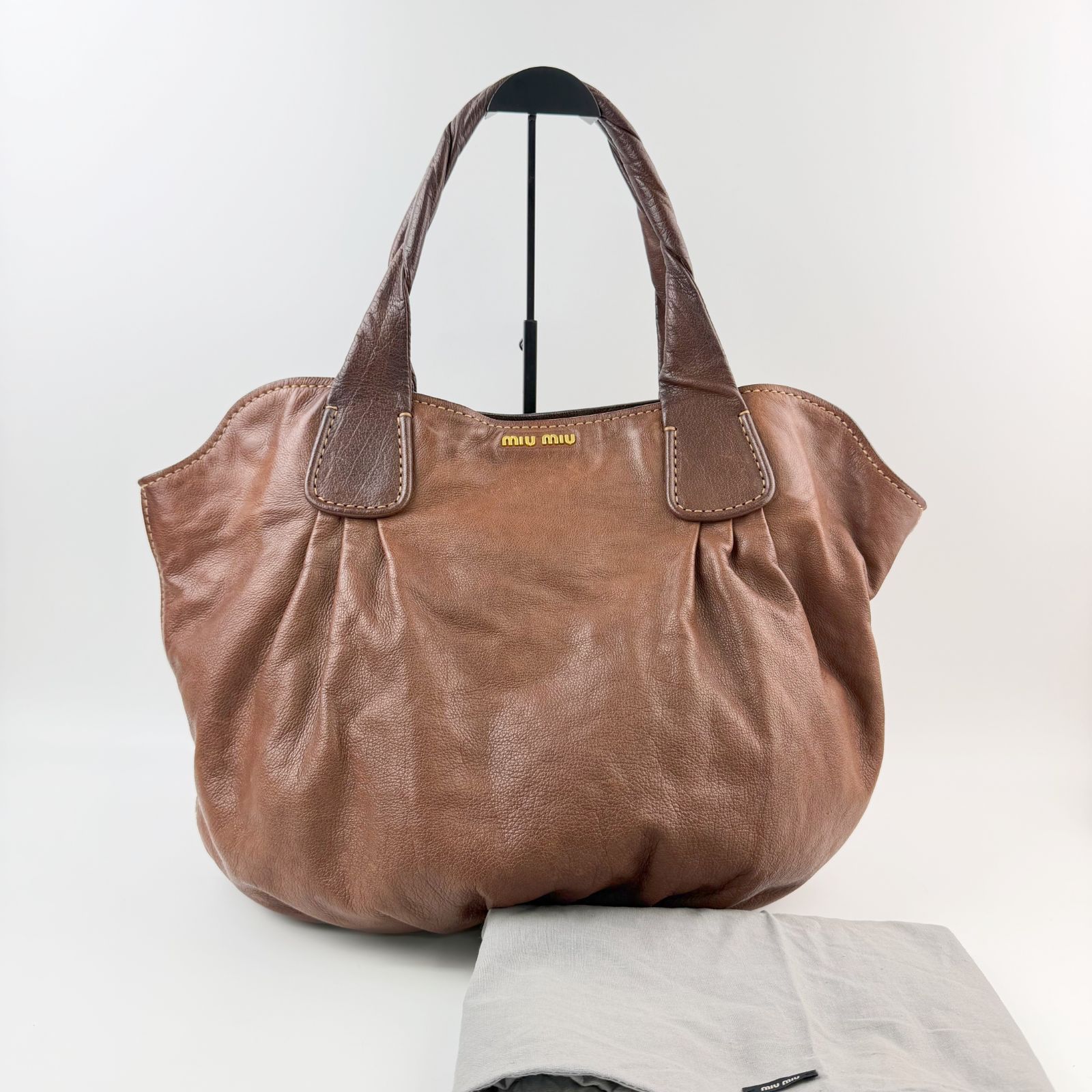 miu miu ギャザー ハンドバッグ ブラウン 中古】MIU MIU ミュウミュウ ツイストハンドル ギャザー ロゴ トート