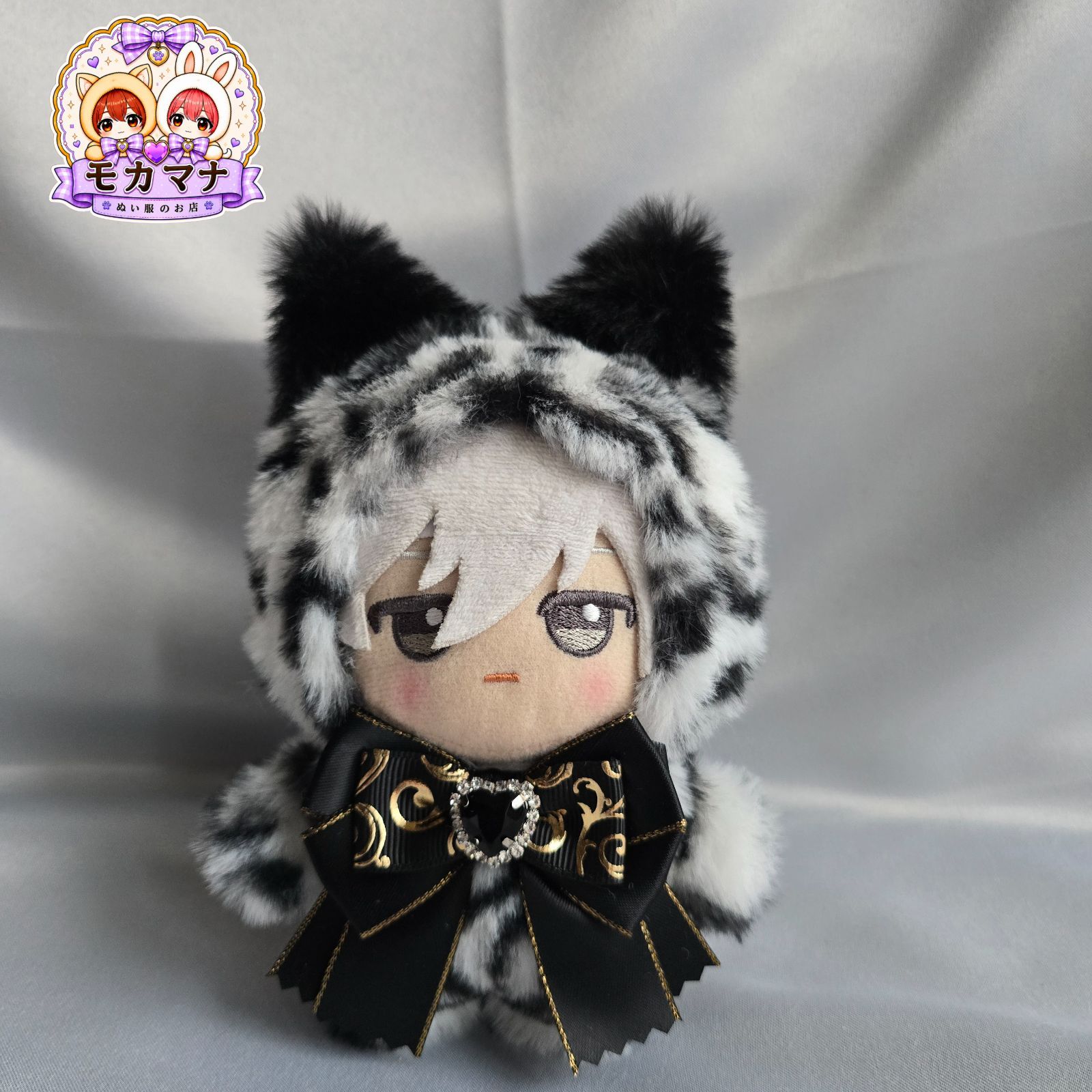 ちびぐるみ ぬい服 着ぐるみ 11cm 2着セット 黒白 ちびぐるみ ぬい服 11cm 着ぐるみ ねこ 白豹柄黒(内耳 黒) しっぽ付