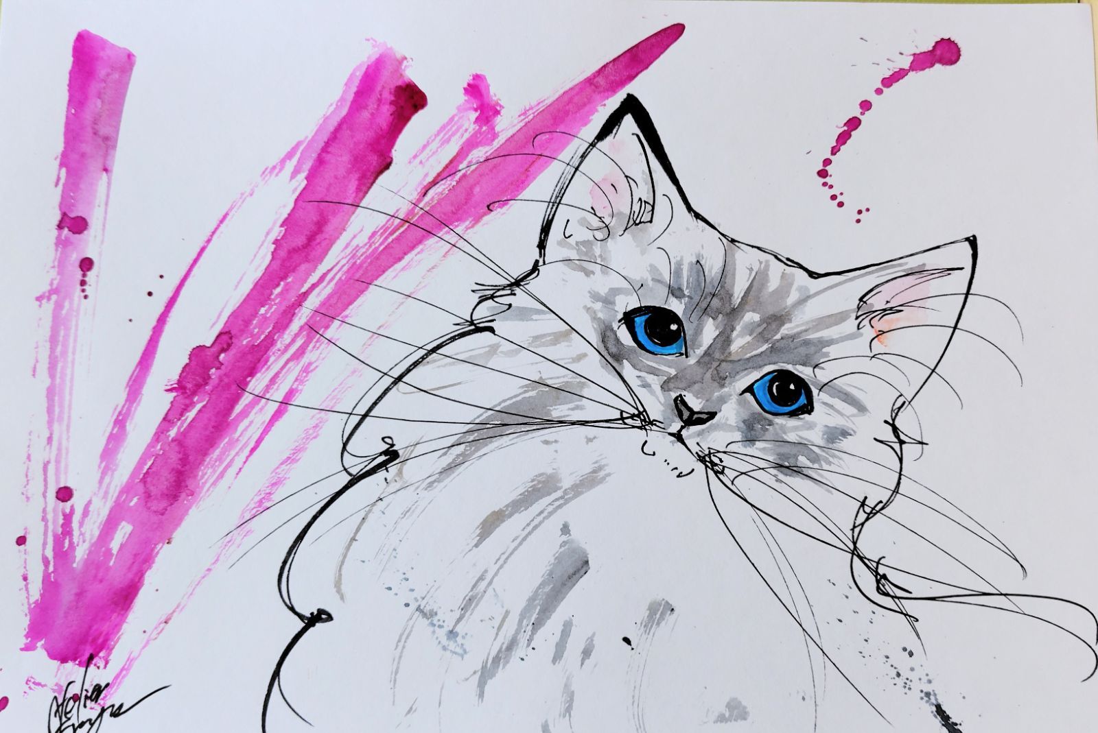 CAT 絵画　イラスト　ドローイング 原画#643 猫 水彩画 ドローイング インテリア アート 絵 イラスト 動物