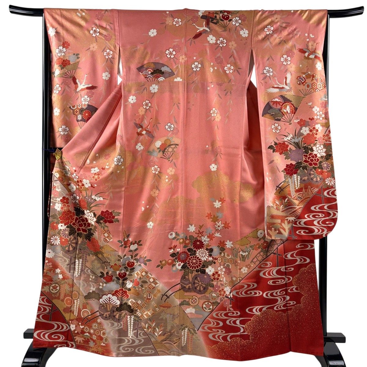 振袖 身丈167cm 裄丈65.5cm M 袷 花車 松竹梅 金糸 金彩 ピンク 正絹