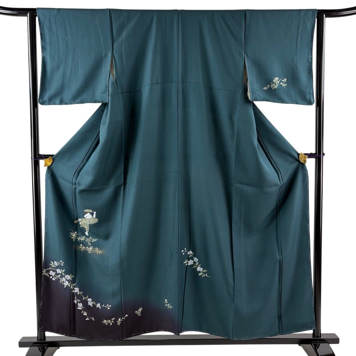 訪問着 身丈155.5cm 裄丈63cm S 袷 童 草花 金彩 ぼかし 深緑 正絹 秀