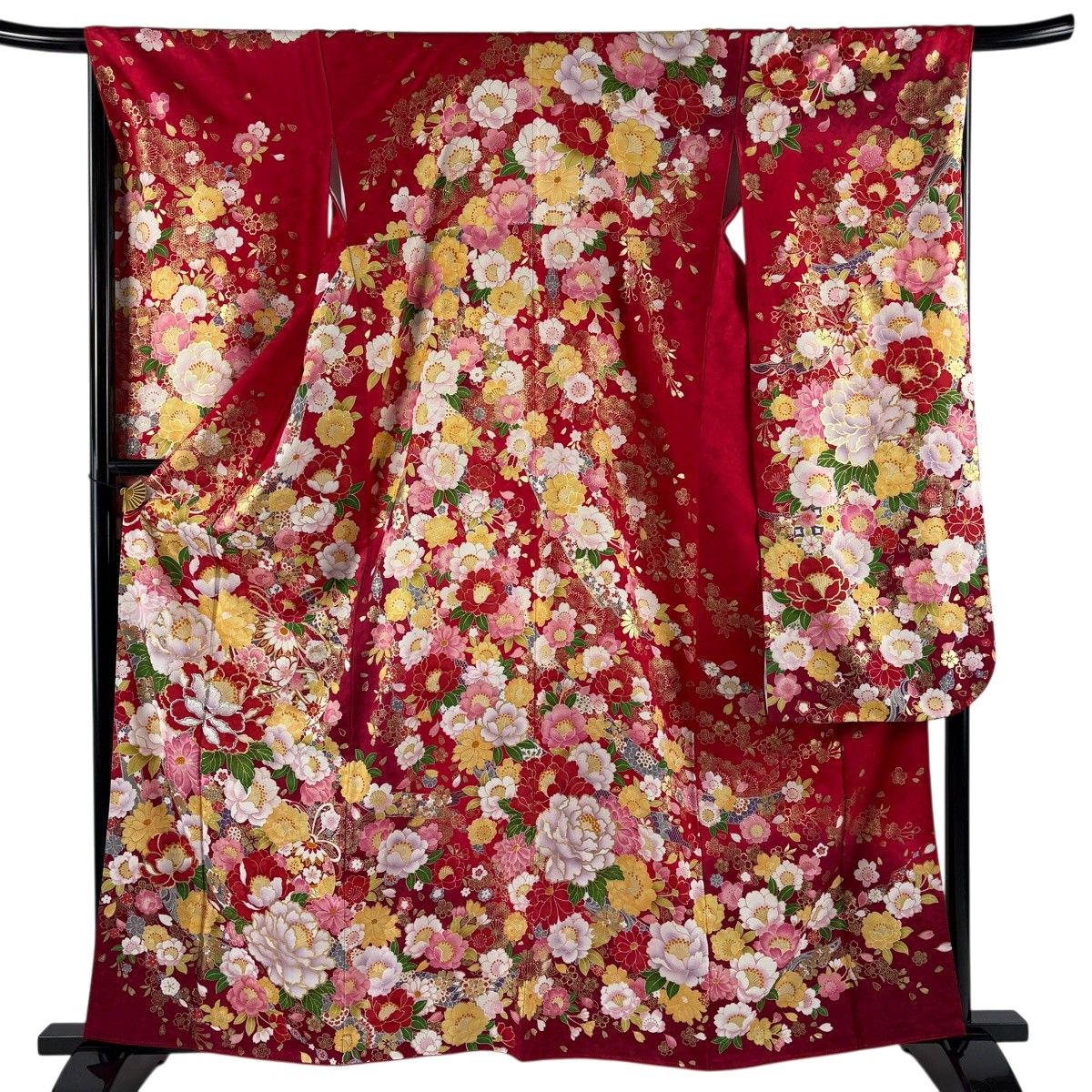 振袖 身丈162cm 裄丈67.5cm L 袷 草花 熨斗 箔 金彩 赤 正絹 名品