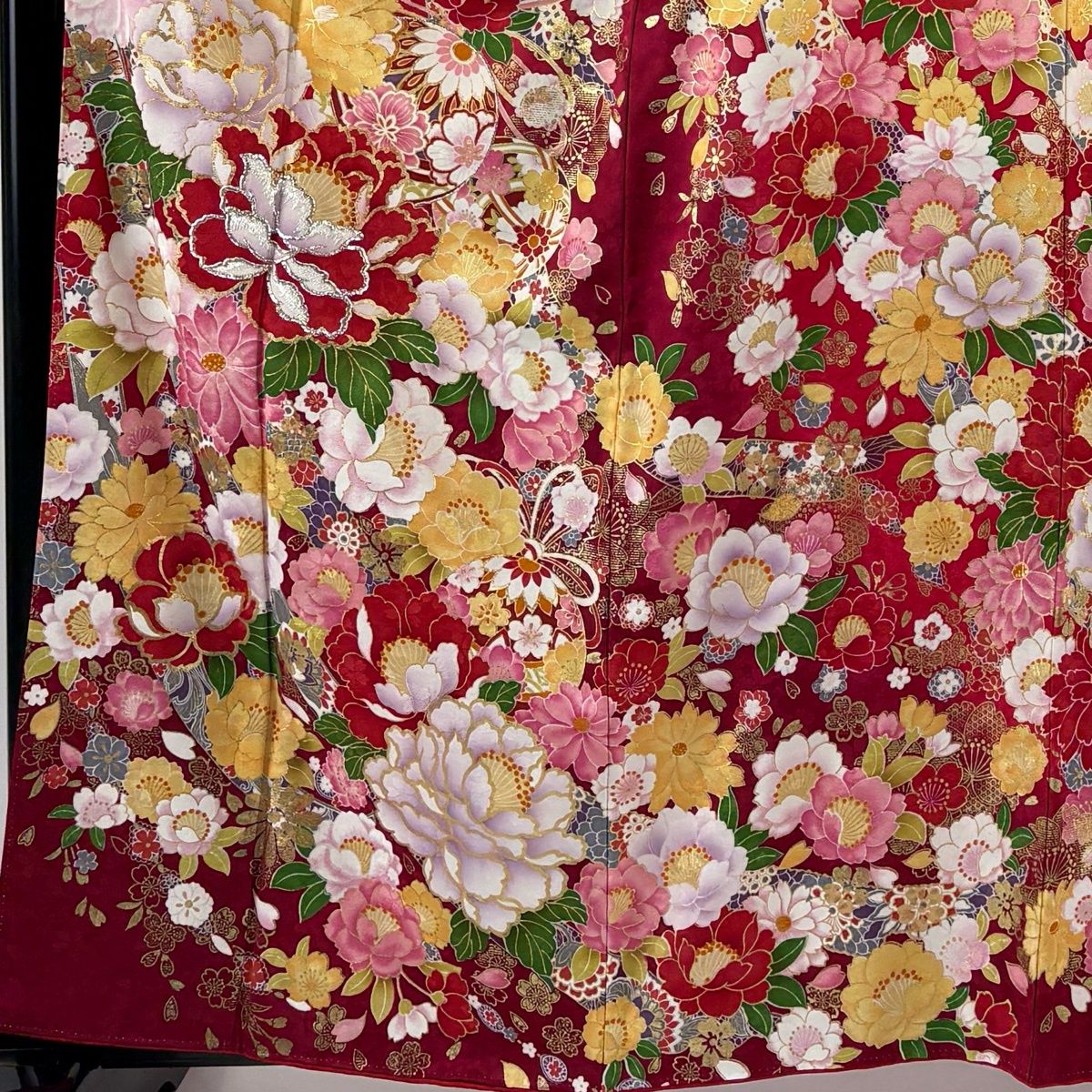 振袖 身丈162cm 裄丈67.5cm L 袷 草花 熨斗 箔 金彩 赤 正絹 名品