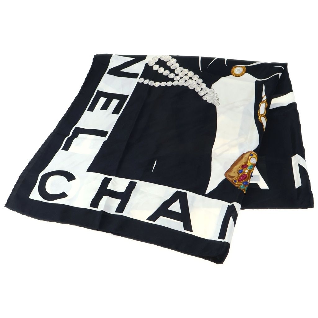 CHANEL (シャネル) マドモアゼル ロゴ シルク スカーフ ブラック