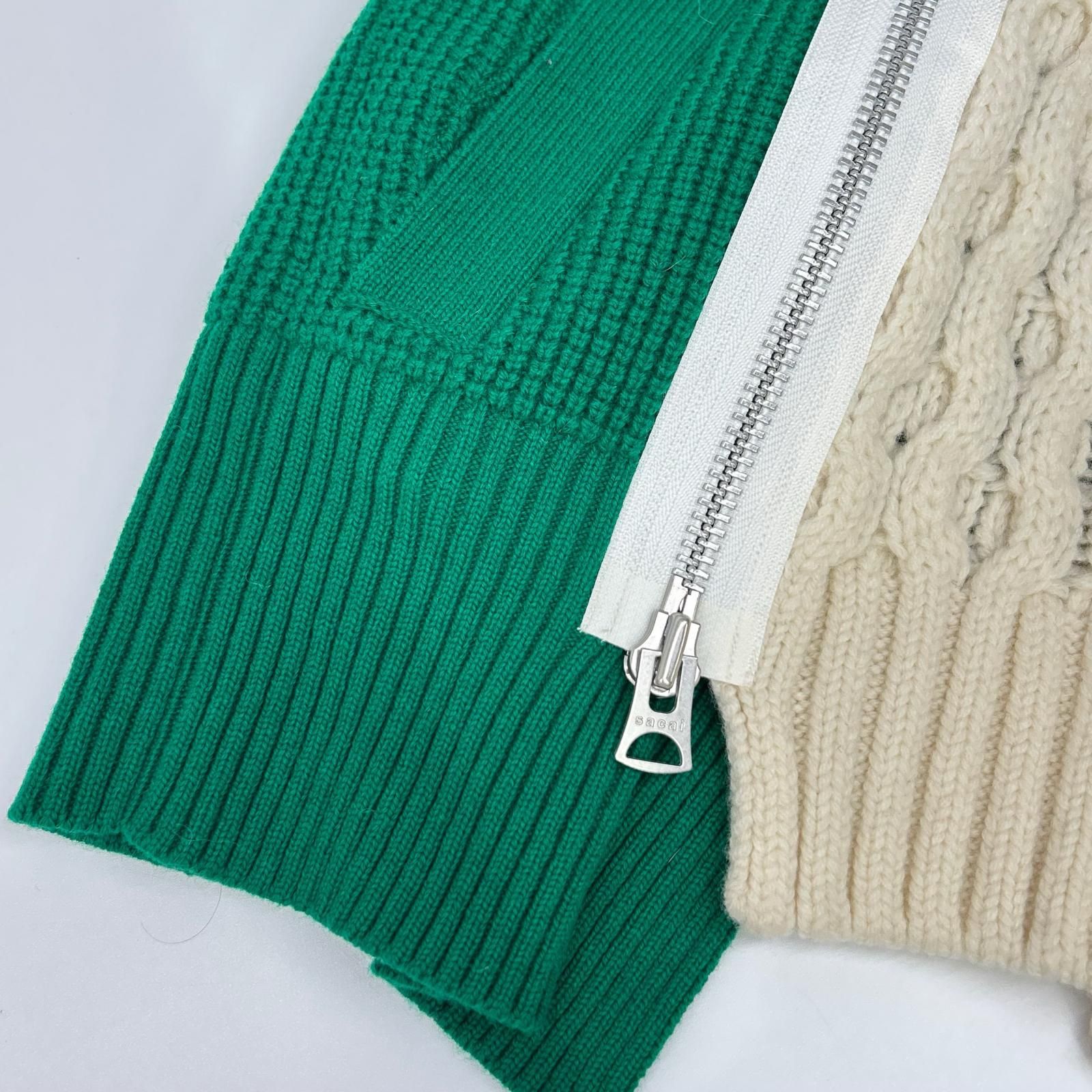sacai サカイ 21年製 21-02778M アイボリー×グリーン Wool Knit Zip Up