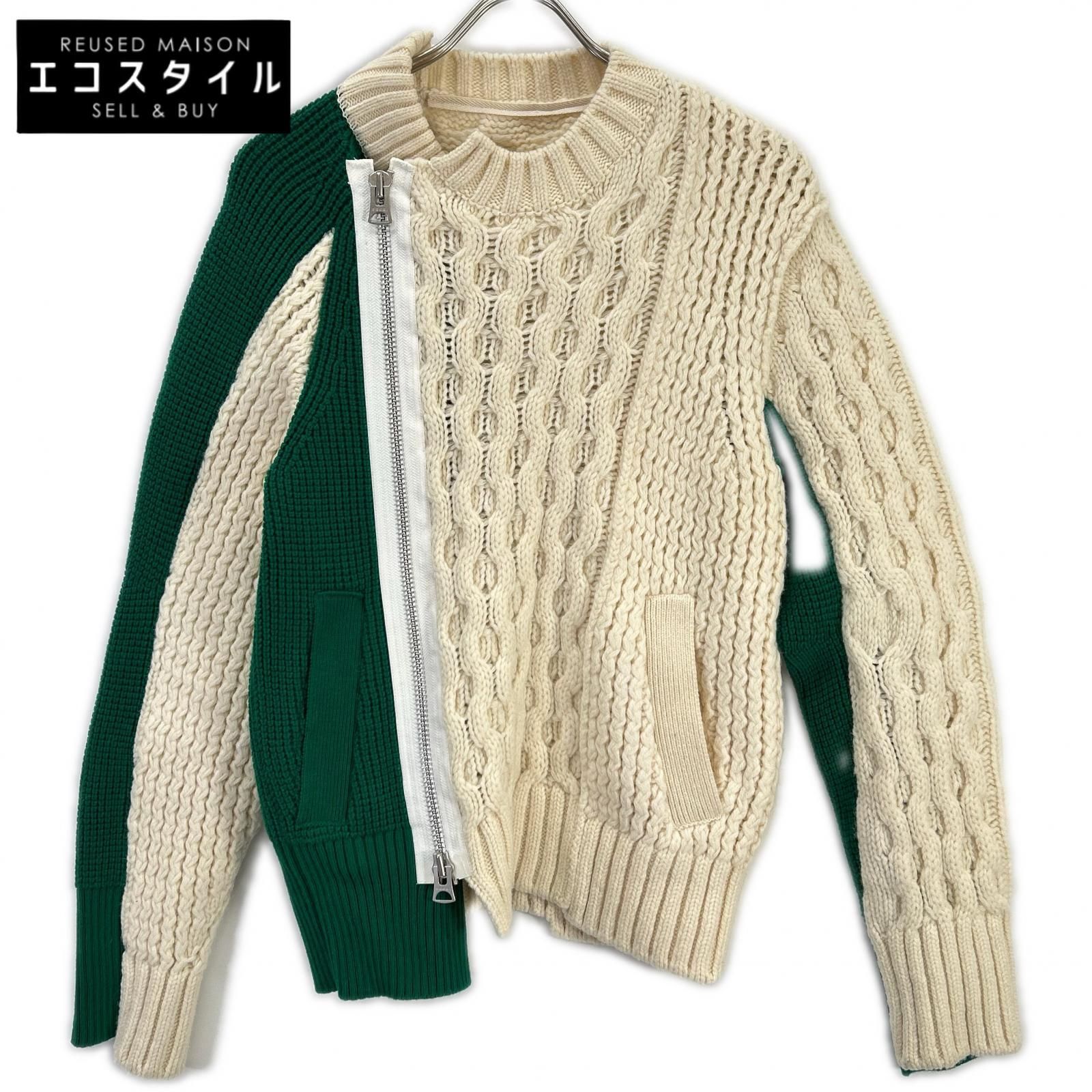 sacai サカイ 21年製 21-02778M アイボリー×グリーン Wool Knit Zip Up