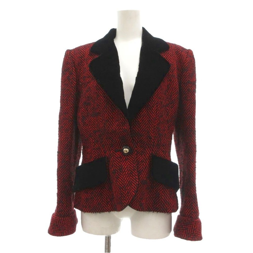 ジバンシィ GIVENCHY ヴィンテージ VINTAGE テーラードジャケット ウール混 絹 シルク混 ベルベット ツイード生地 ヘリンボーン柄 10 赤 レッド /MG ■ECG009