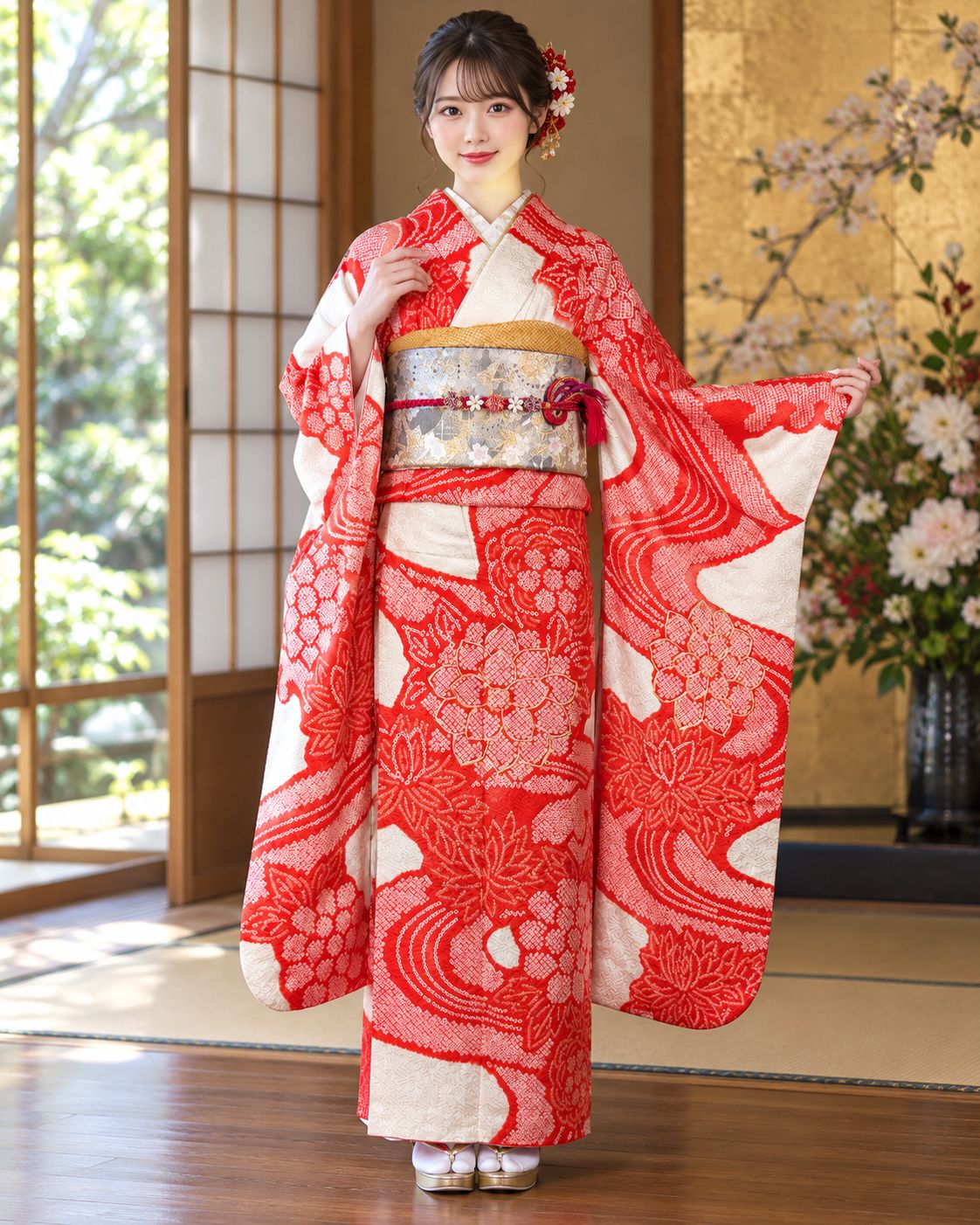 逸品 振袖「朱に流れる花絞り」鹿子本絞り 金駒刺繍 正絹 裄63 小柄