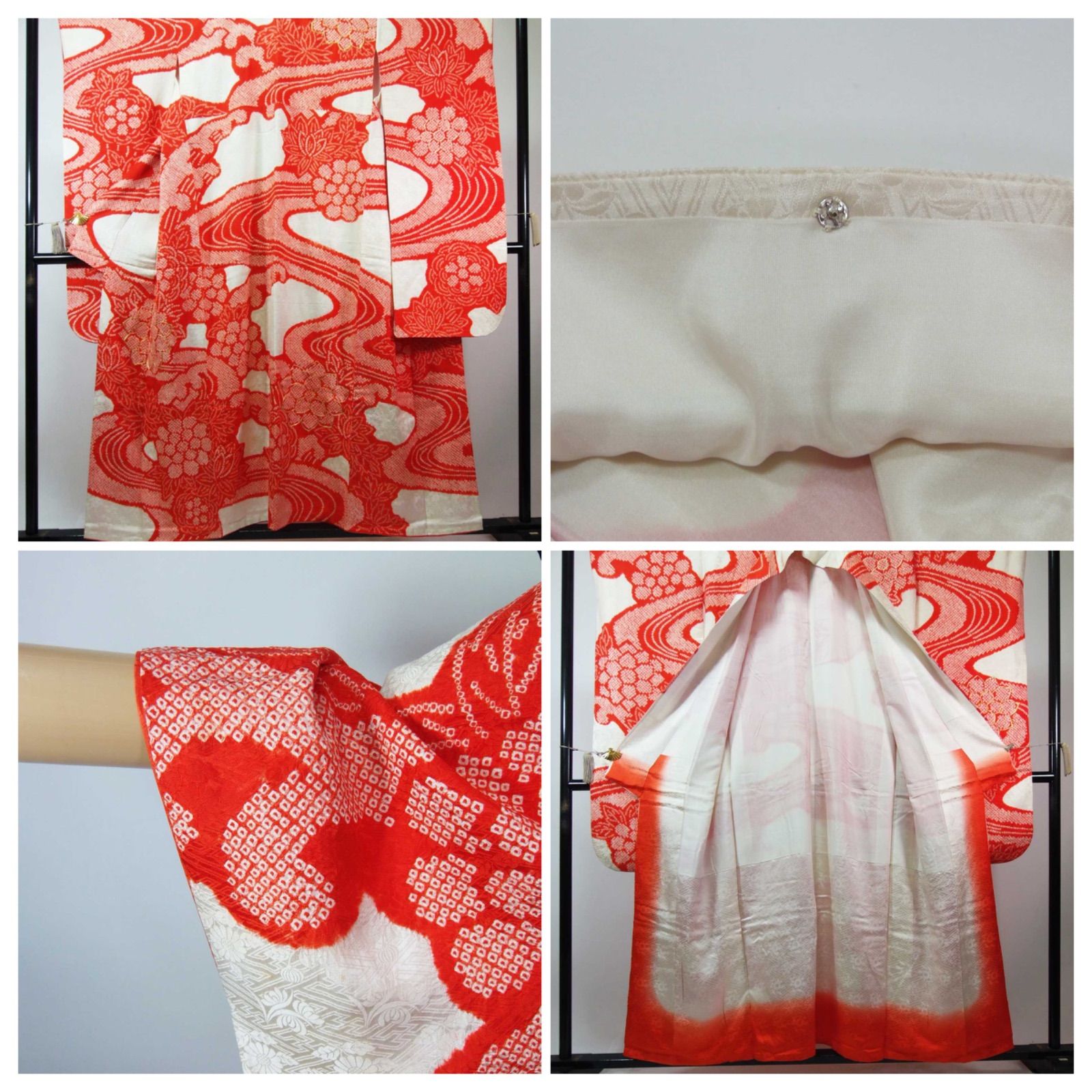 逸品 振袖「朱に流れる花絞り」鹿子本絞り 金駒刺繍 正絹 裄63 小柄