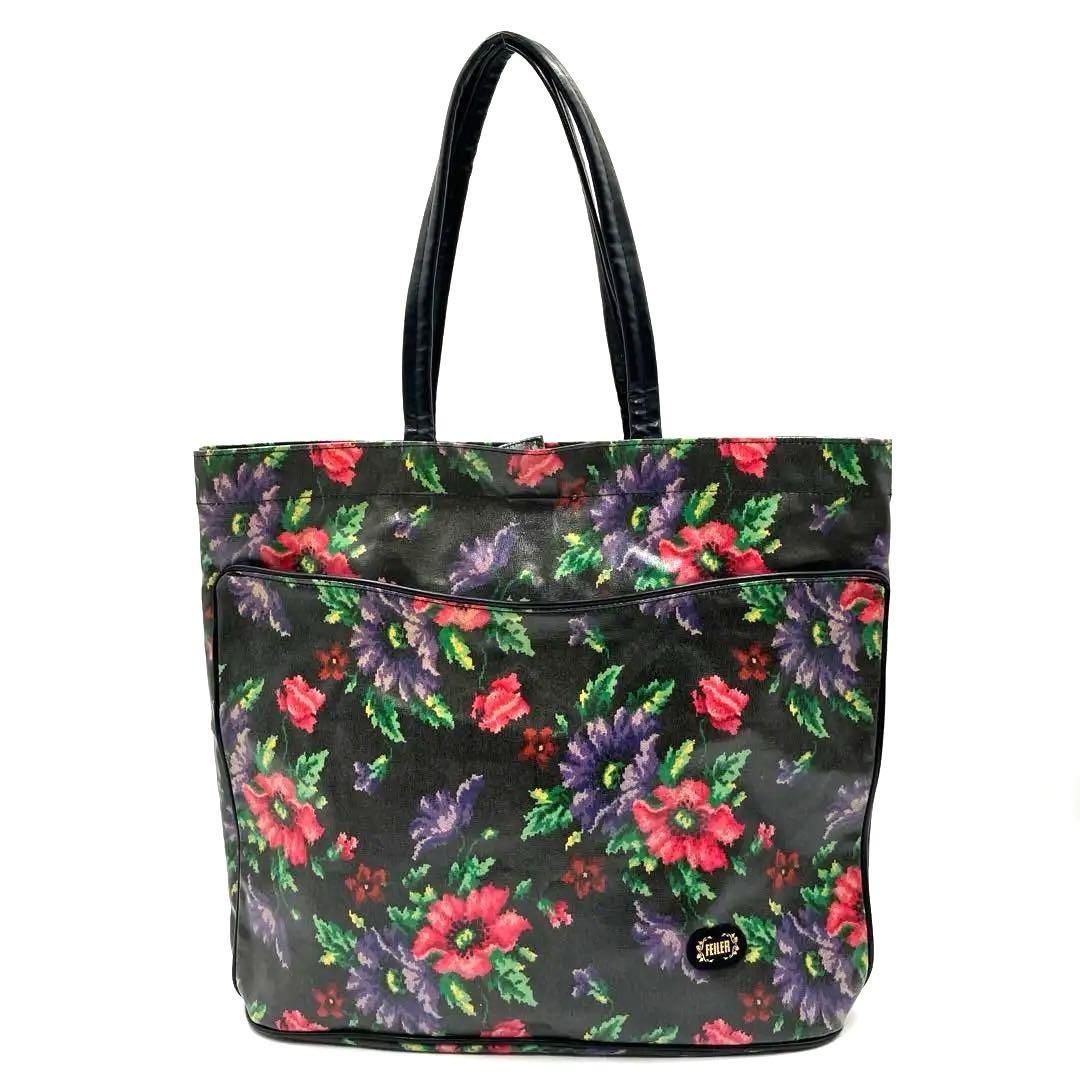 ⭐️美品⭐️FEILER フェイラー トートバッグ 樹脂加工 花柄 ブラック