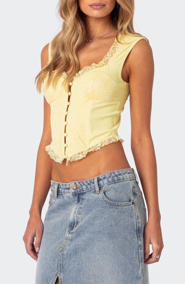 アディクテッド レディース トップス シャツ レース EDIKTED Lace Panel Corset Crop Top Yellow イエロー 12,936円