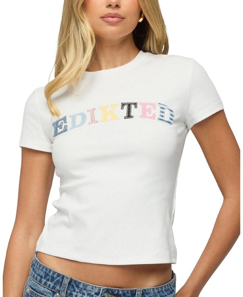 アディクテッド レディース トップス シャツ パッチワーク Edikted Patchwork Baby T Shirt White ホワイト