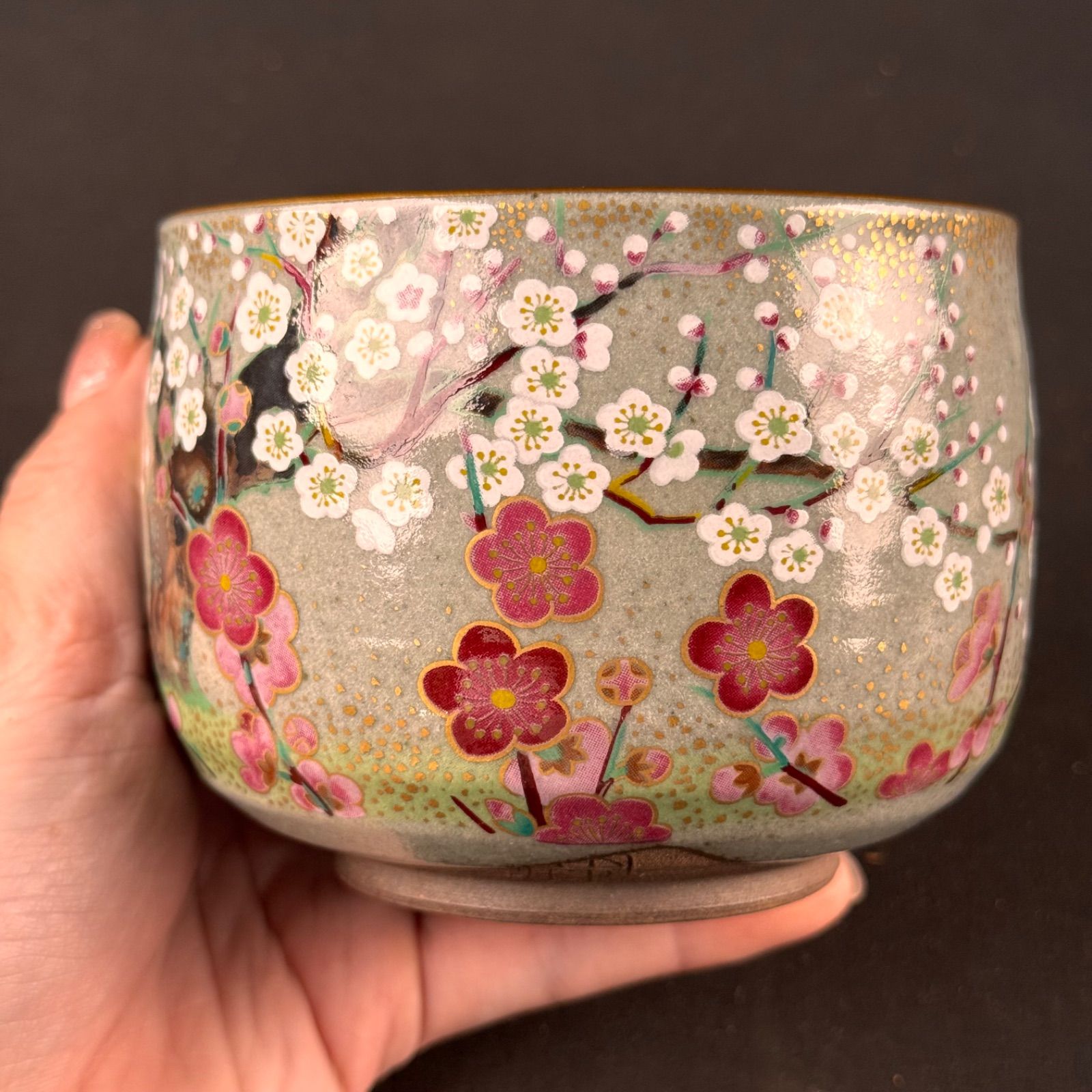 桑野睦子 京焼 金彩 御所の花 2月 紅白梅 十二ヶ月 茶碗 合箱 茶道具