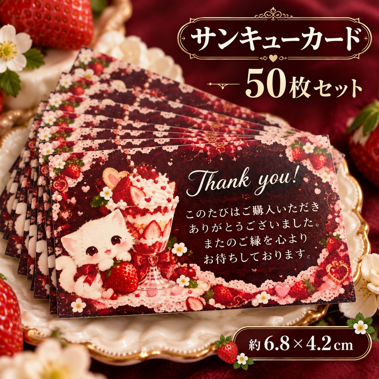 ハンドメイド　オーダー受付ページ　　♡いちごサンドわんこ　パネル♡ サンキューカード 50枚セット 白猫といちごパフェ ハンドメイド - メルカリ